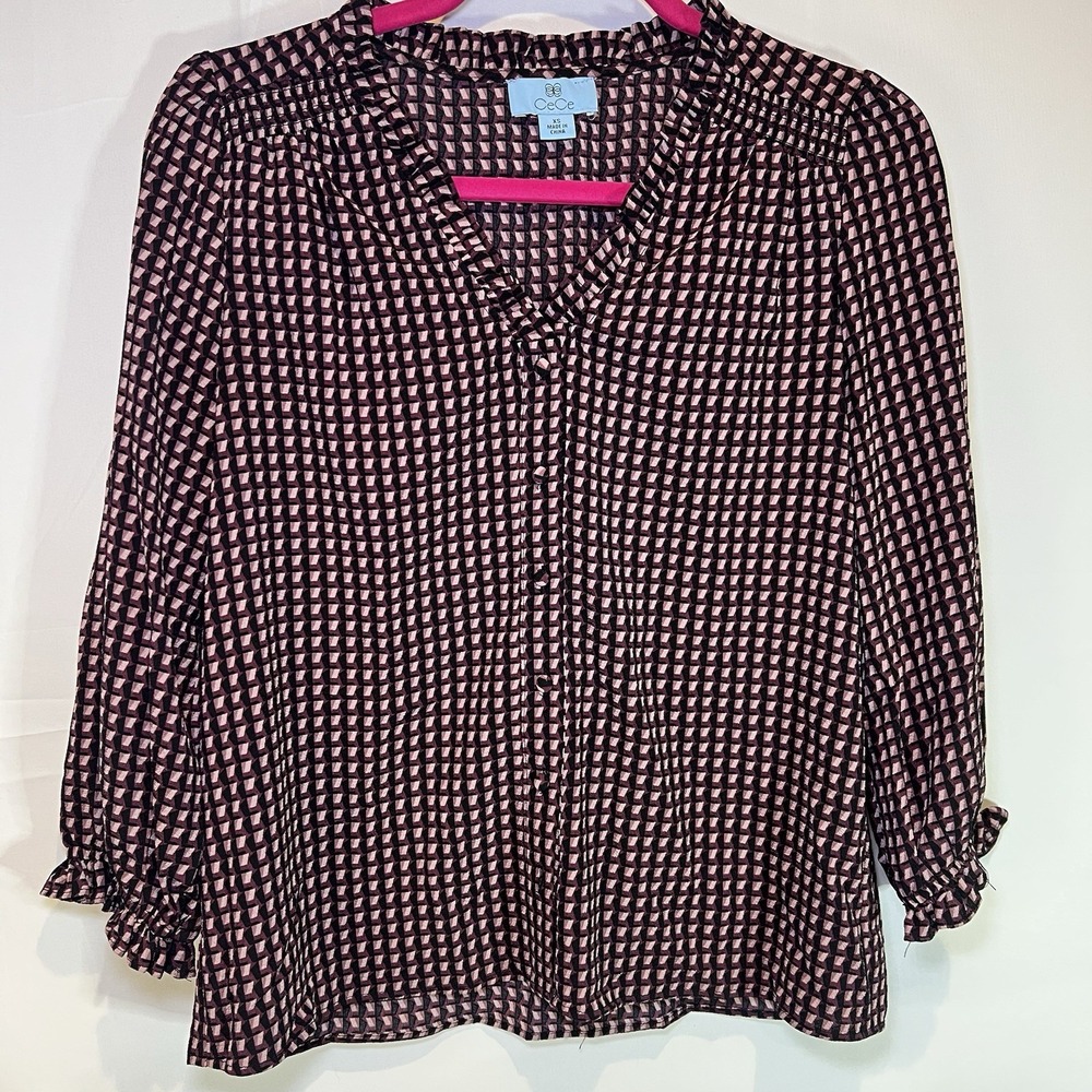 Cece Regular Fit Blouse Women's Size XSmall XS‎ Maroon Plaid Long Sleeve